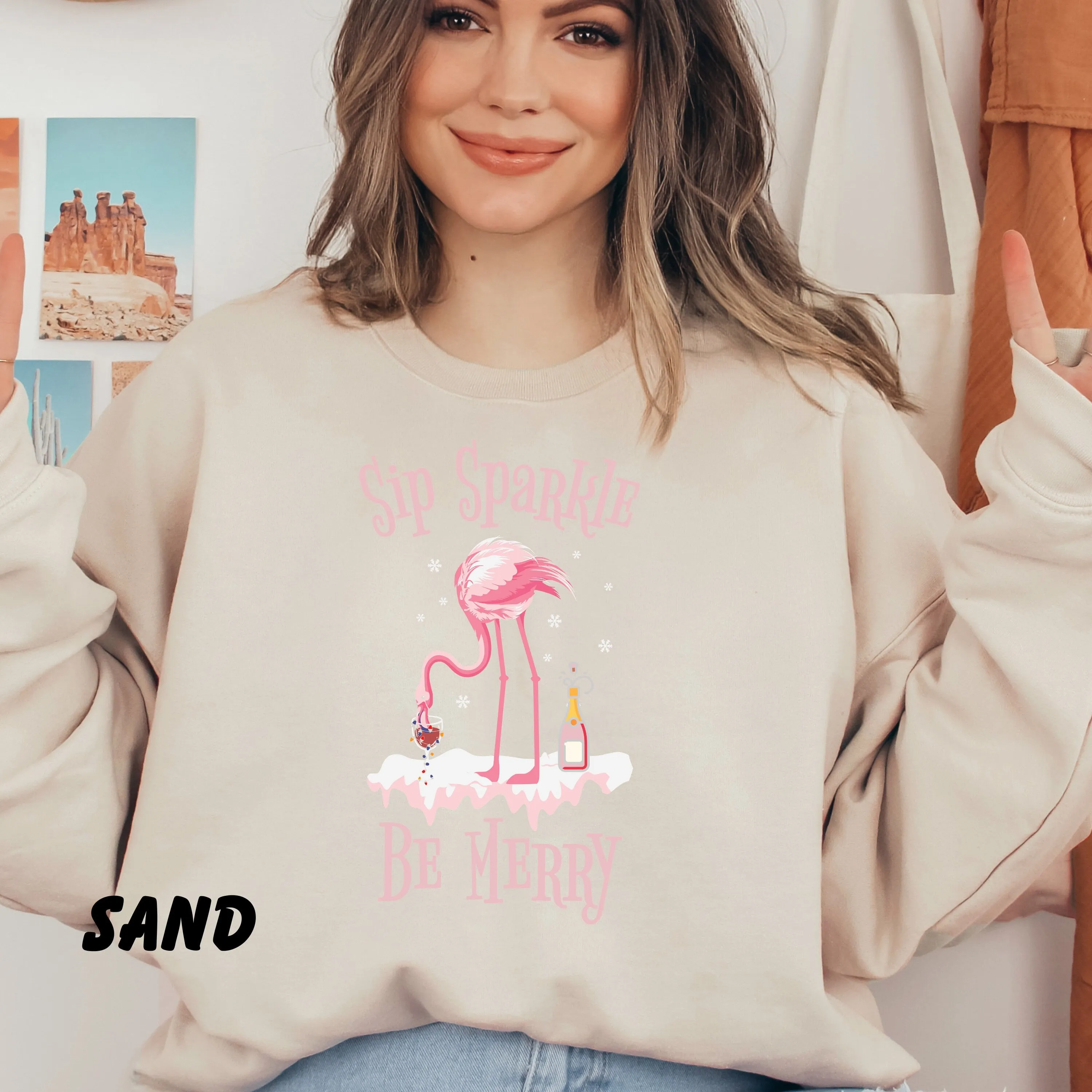 Sip Sparkle Be Merry Sweatshirt, Christmas Champagne Shirt, Flamingo Christmas in July Shirt