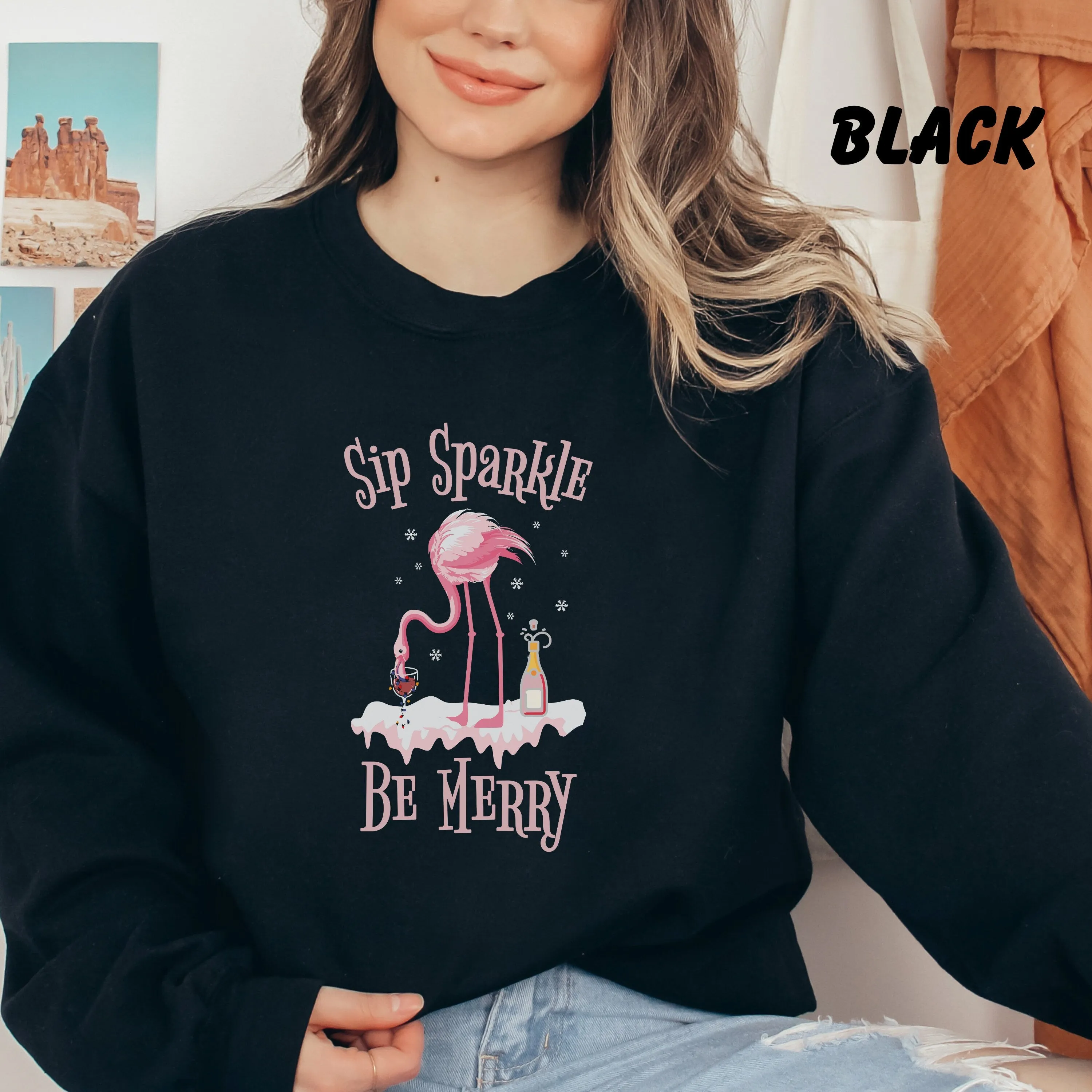 Sip Sparkle Be Merry Sweatshirt, Christmas Champagne Shirt, Flamingo Christmas in July Shirt