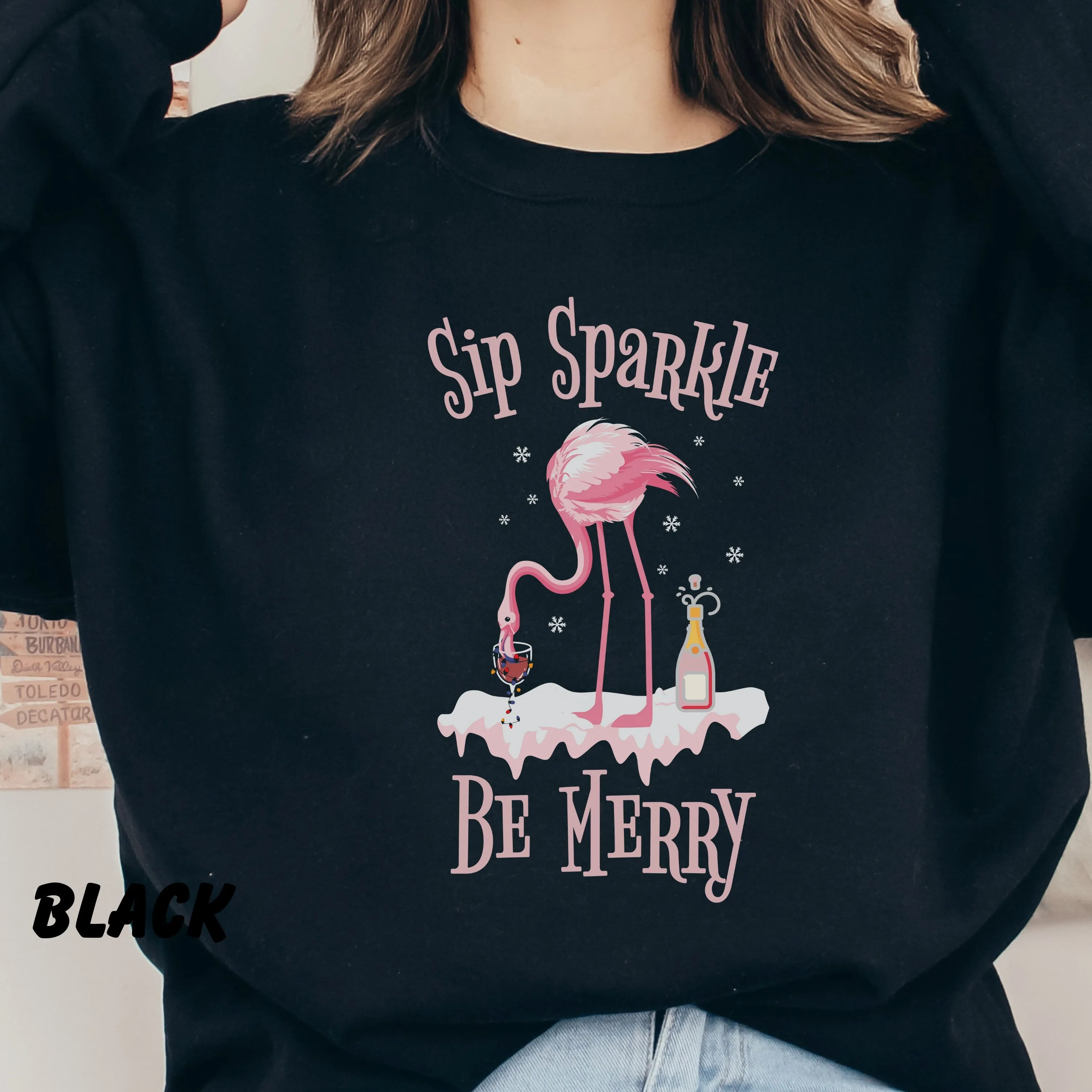 Sip Sparkle Be Merry Sweatshirt, Christmas Champagne Shirt, Flamingo Christmas in July Shirt