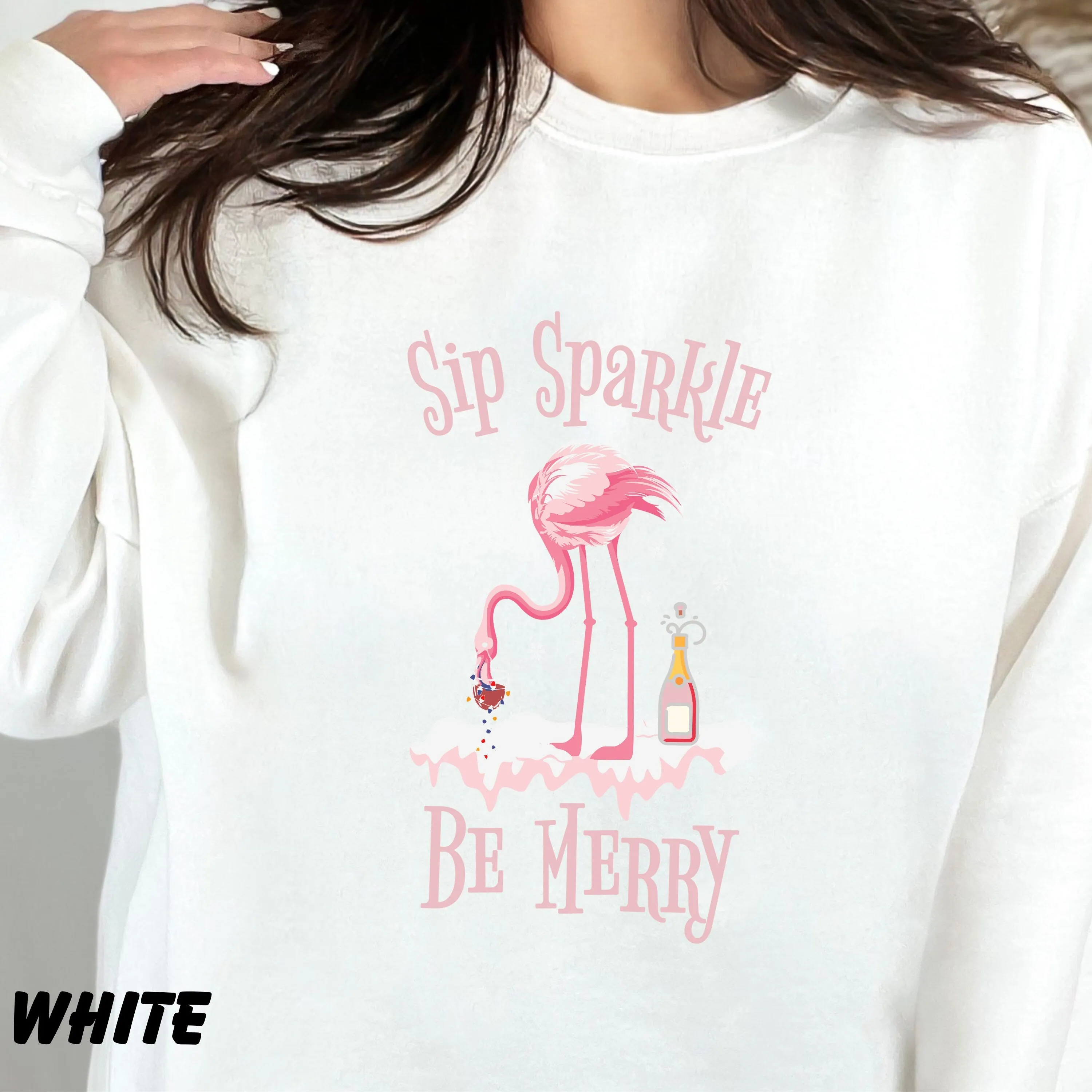 Sip Sparkle Be Merry Sweatshirt, Christmas Champagne Shirt, Flamingo Christmas in July Shirt