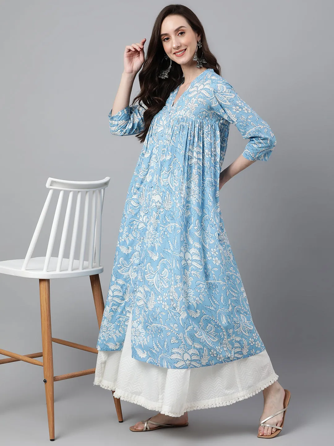 Sky Blue Cotton Floral Printed Flared Kurta