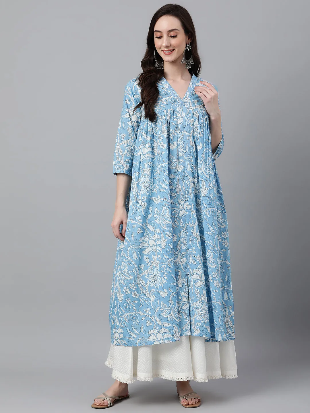 Sky Blue Cotton Floral Printed Flared Kurta