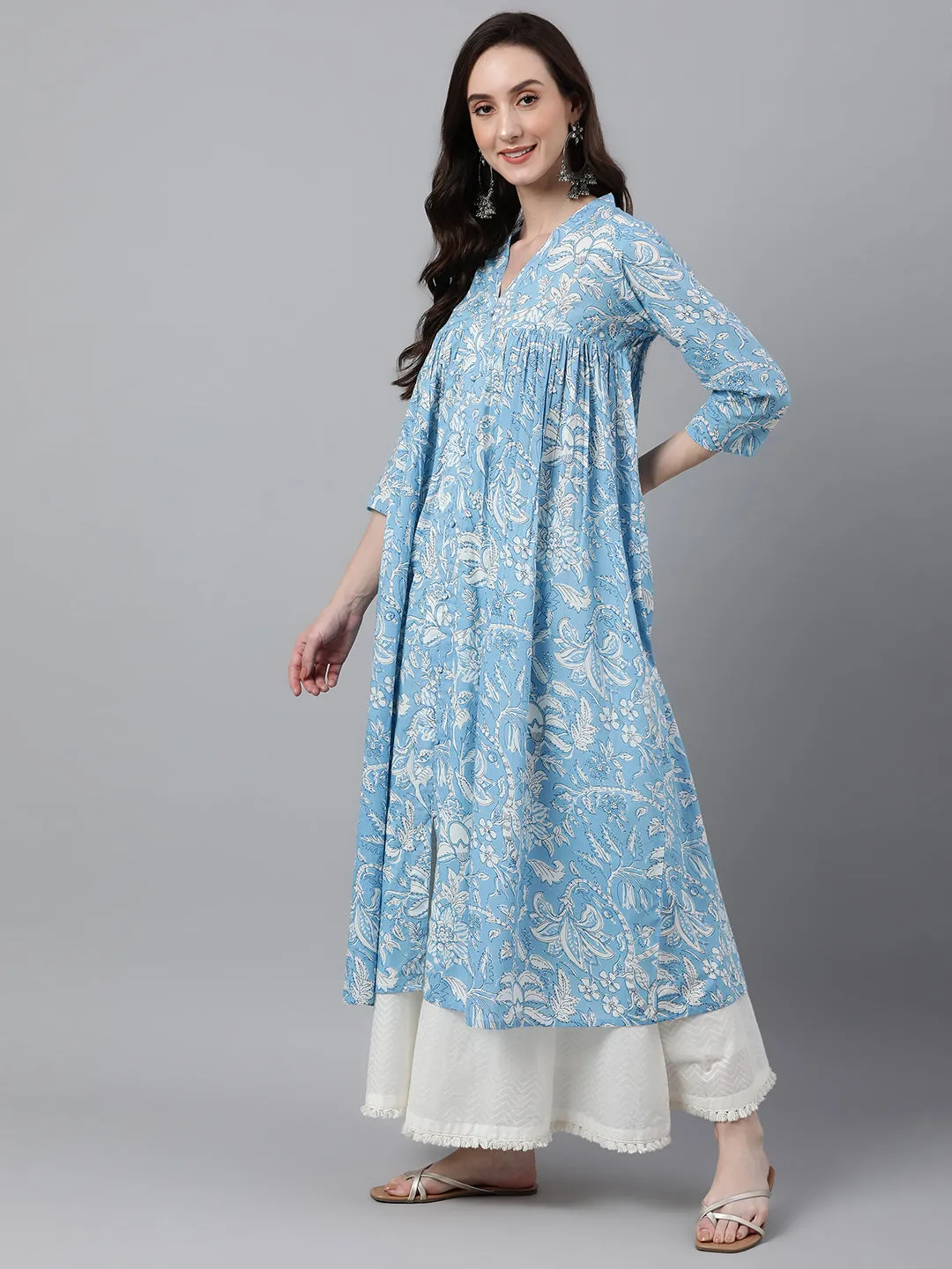 Sky Blue Cotton Floral Printed Flared Kurta