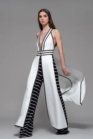 Sleeveless Long Top with Striped Flared Pants