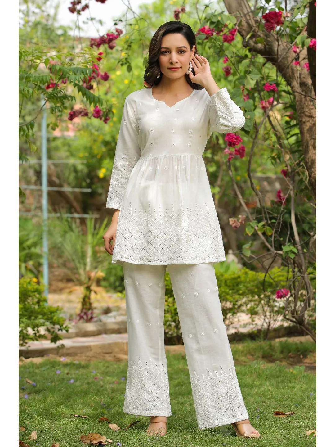 Snowy White Cotton Schiffli Design Co-Ord Set