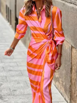 Spring Summer Fashion Print Dress Blouse Neck Tie Mid Length Striped Skirt Casual Comfortable Street Women's Wear Dresses Robe