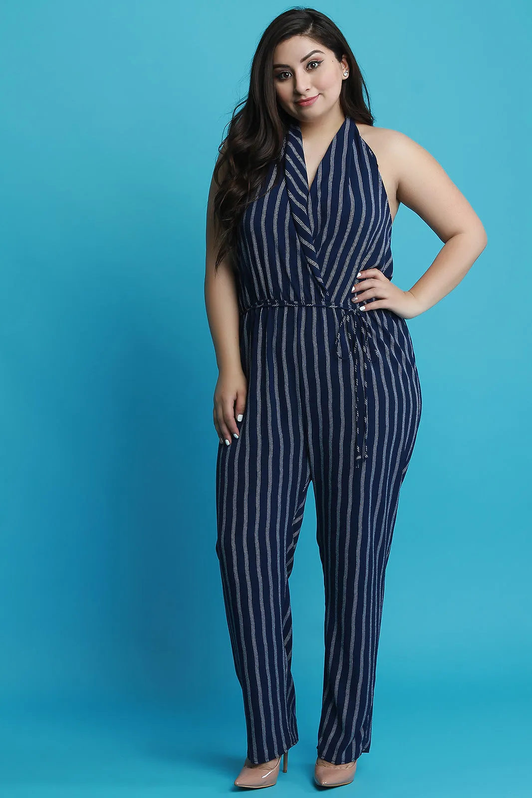 Striped Halter Waist Sash Jumpsuit