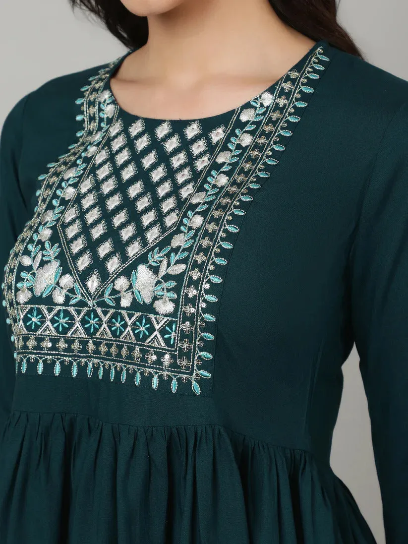 Teal Rayon Embroidered Short Kurti Top