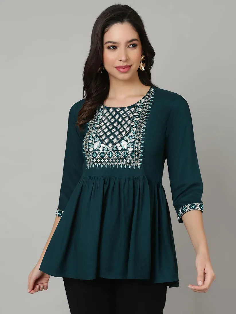 Teal Rayon Embroidered Short Kurti Top