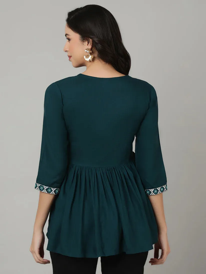 Teal Rayon Embroidered Short Kurti Top