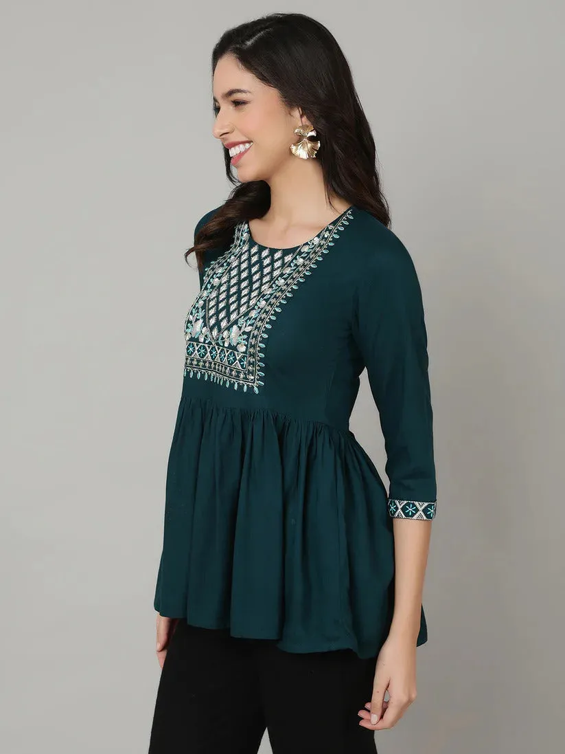 Teal Rayon Embroidered Short Kurti Top