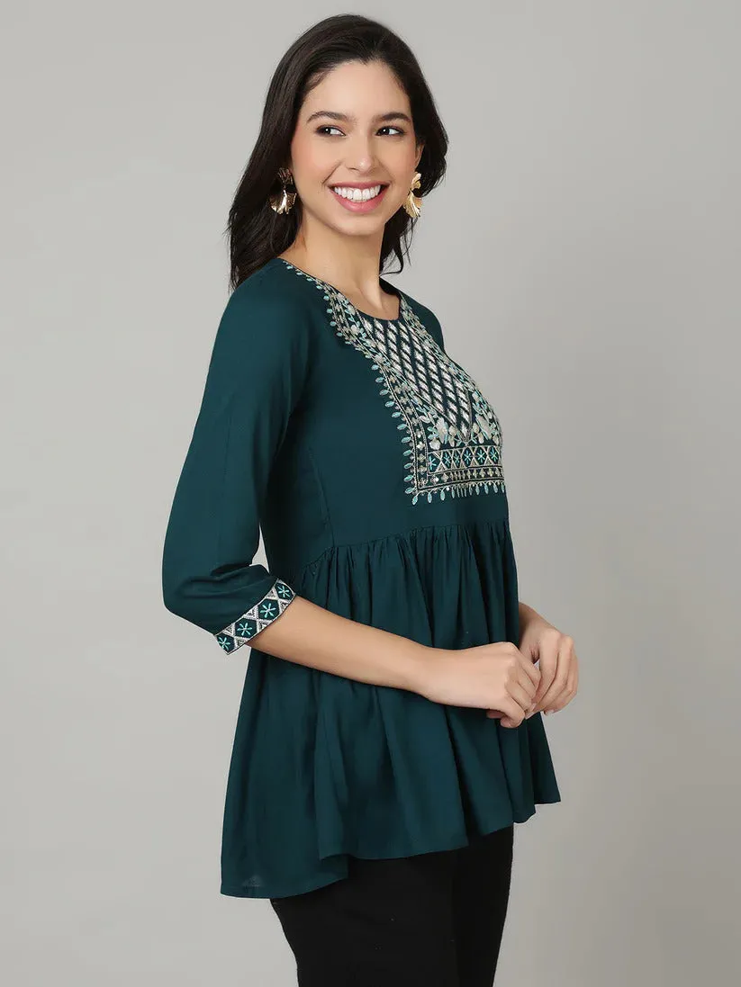 Teal Rayon Embroidered Short Kurti Top