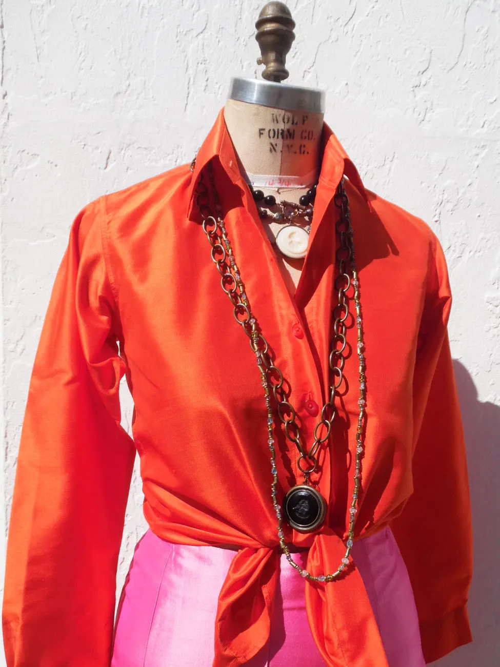 Thai Silk Button Down Shirt Hot Orange