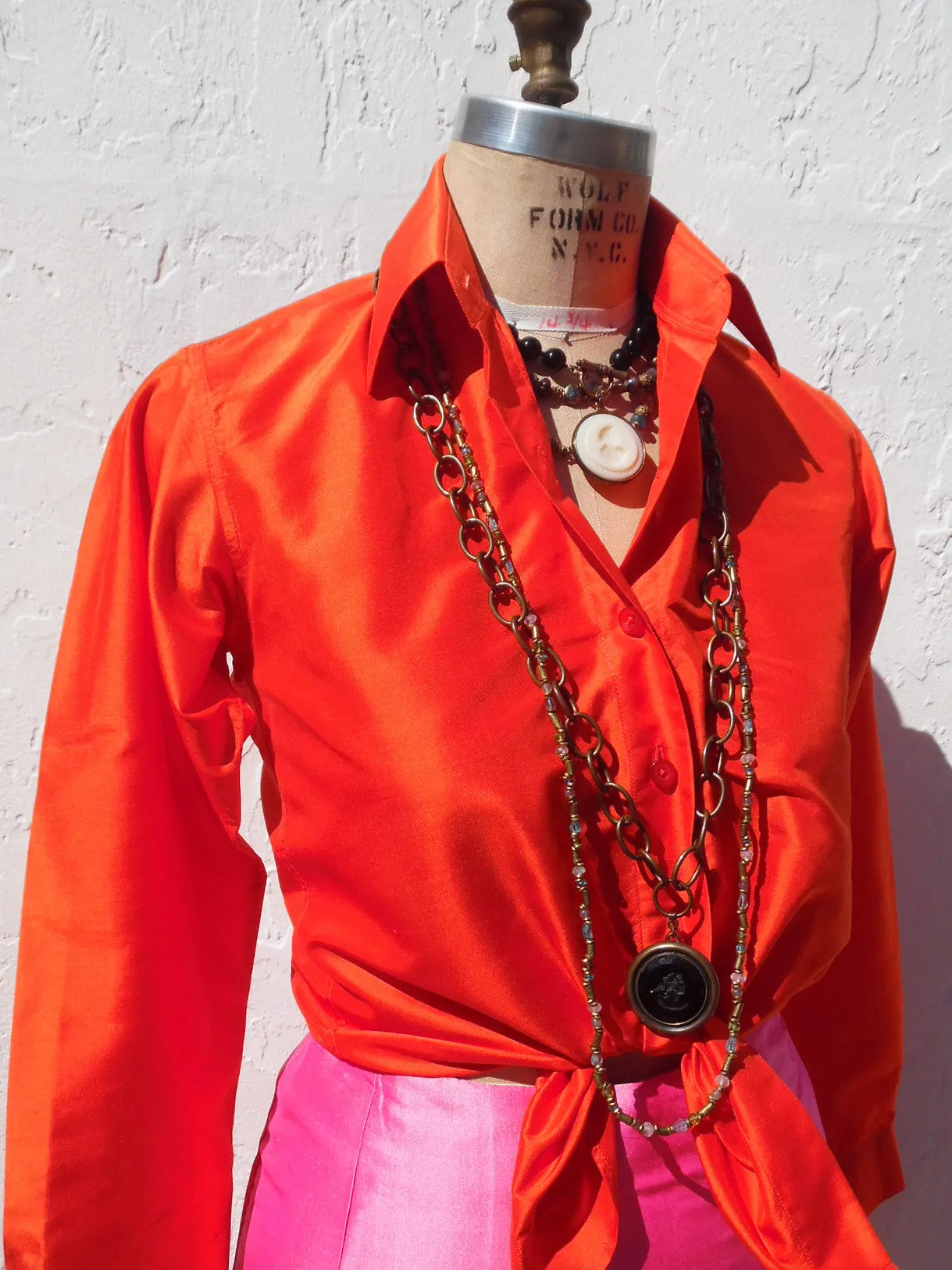 Thai Silk Button Down Shirt Hot Orange