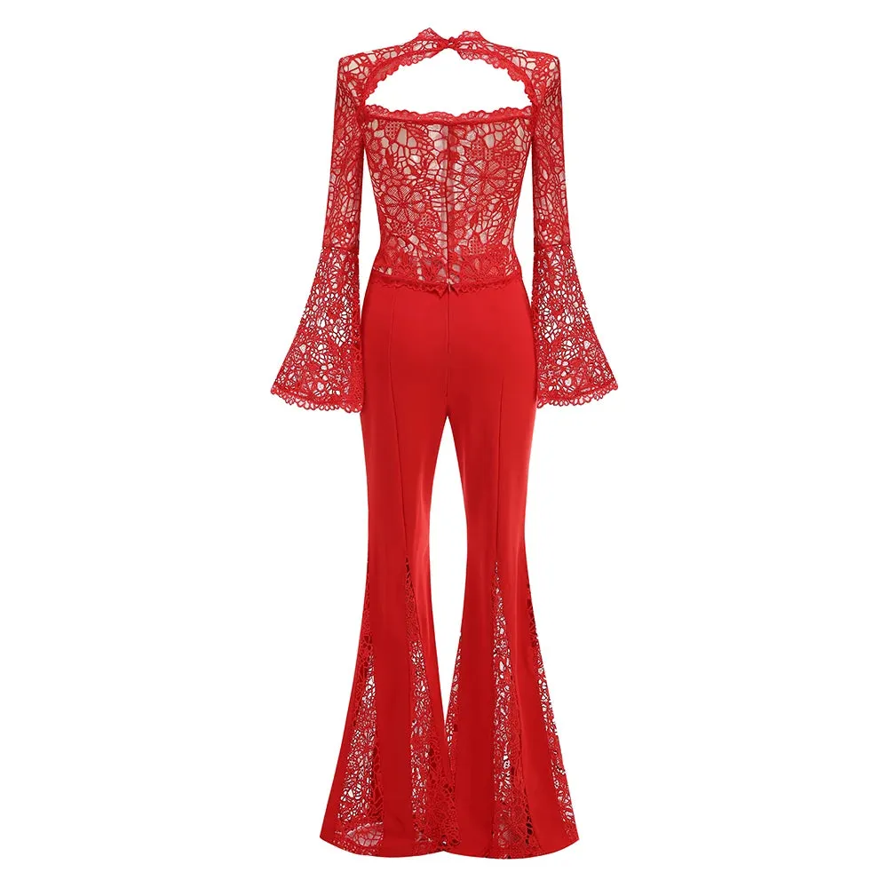 Trend4us Women's Lace Two-Piece Flared Pants Set