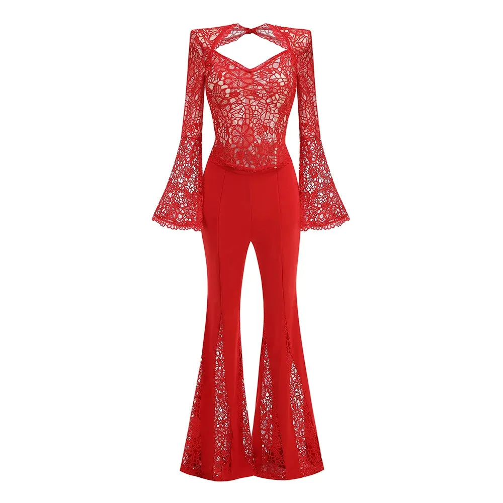 Trend4us Women's Lace Two-Piece Flared Pants Set