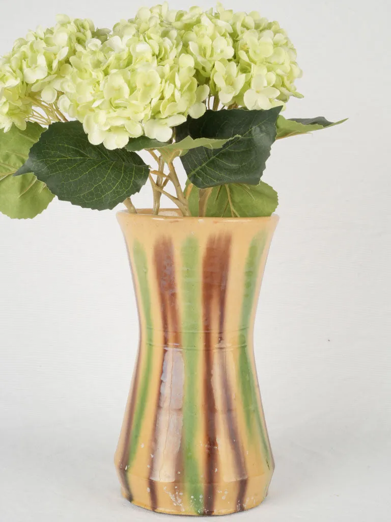 Very Large Antique Anduze Vase w/ Vertical Stripes - Yellow Brown Green 11½"