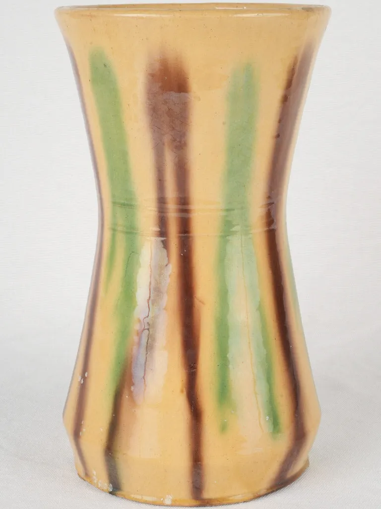 Very Large Antique Anduze Vase w/ Vertical Stripes - Yellow Brown Green 11½"