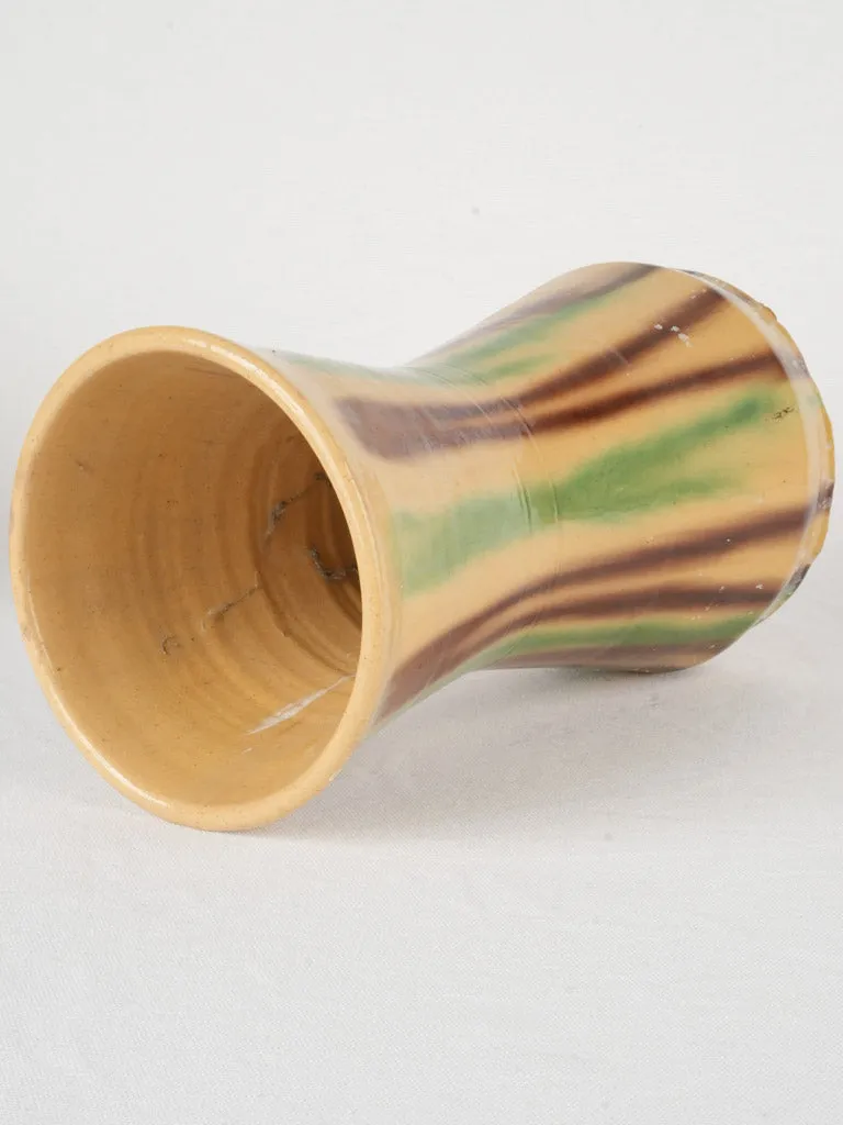 Very Large Antique Anduze Vase w/ Vertical Stripes - Yellow Brown Green 11½"