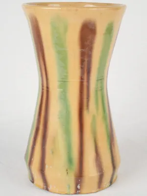 Very Large Antique Anduze Vase w/ Vertical Stripes - Yellow Brown Green 11½"