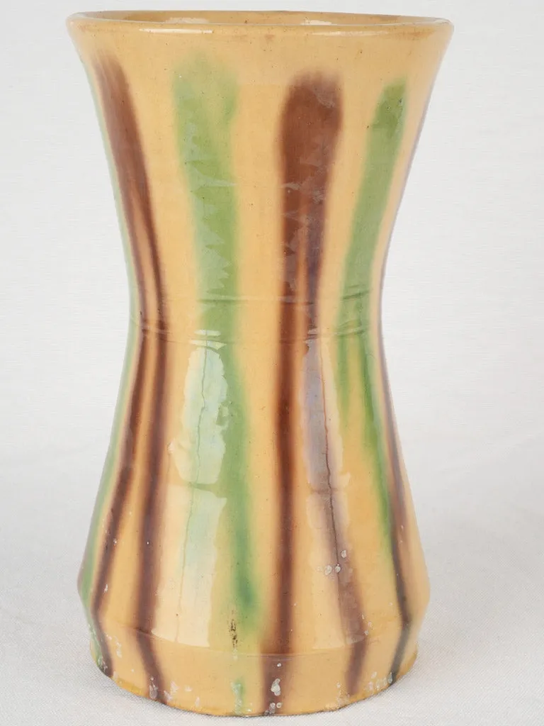 Very Large Antique Anduze Vase w/ Vertical Stripes - Yellow Brown Green 11½"