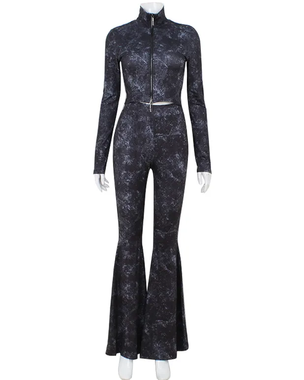 Washed Long-Sleeved Slim Fit Long Flared Pants Suit