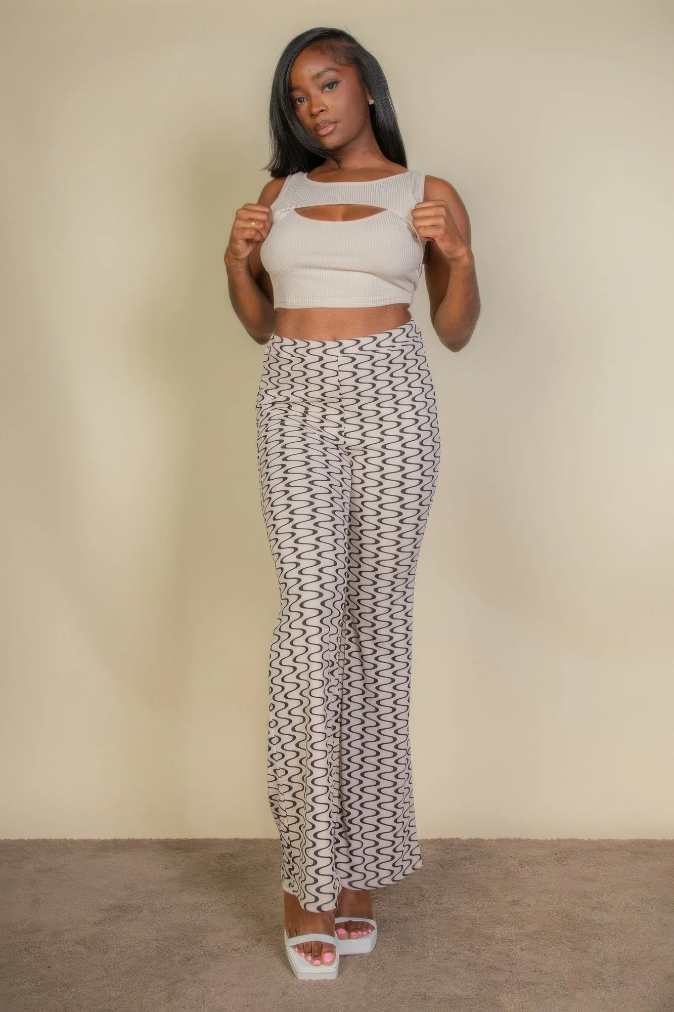 Wavy Print High Waist Flare Pants