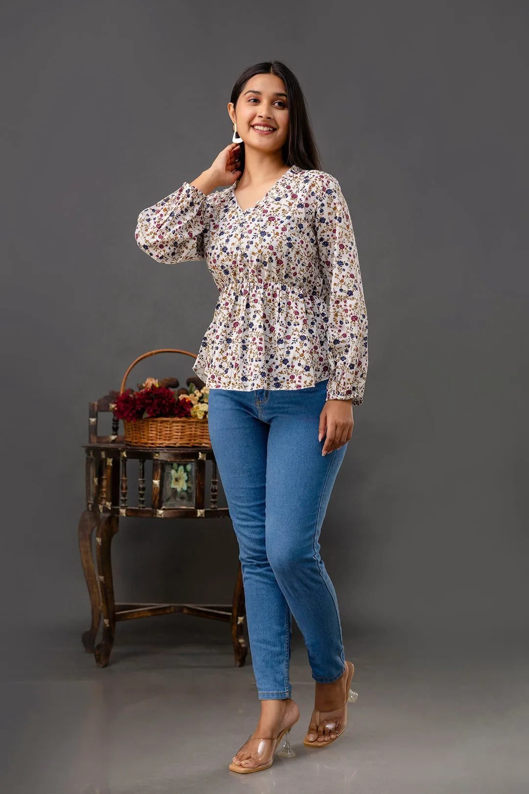 White floral Printed Cotton Short Kurti Top