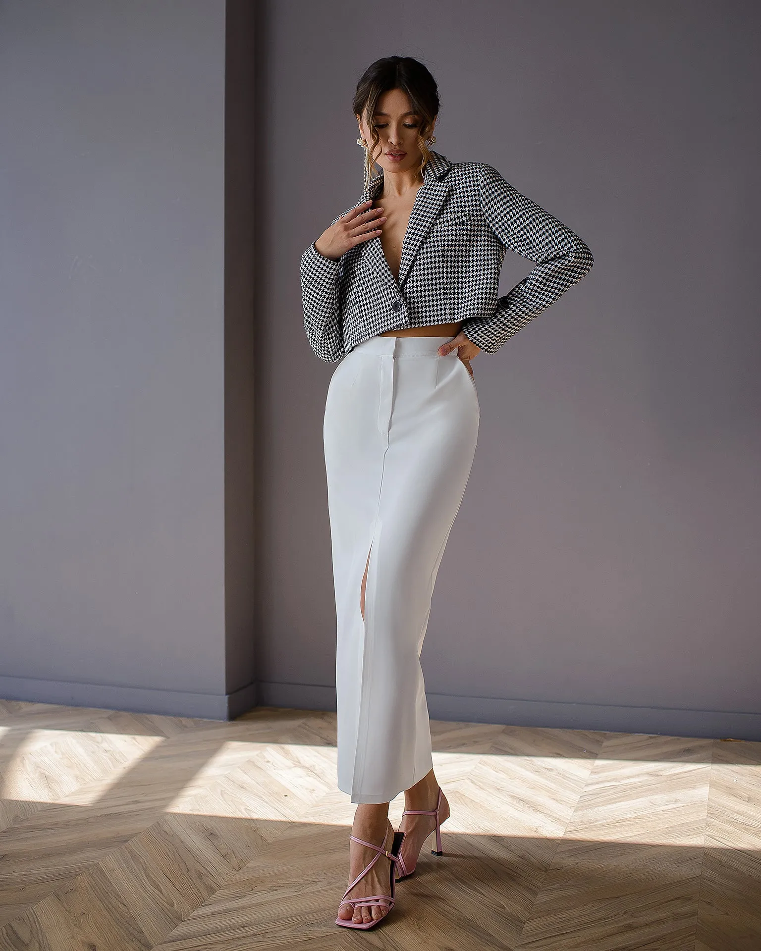 White Front-Slit Midi Skirt