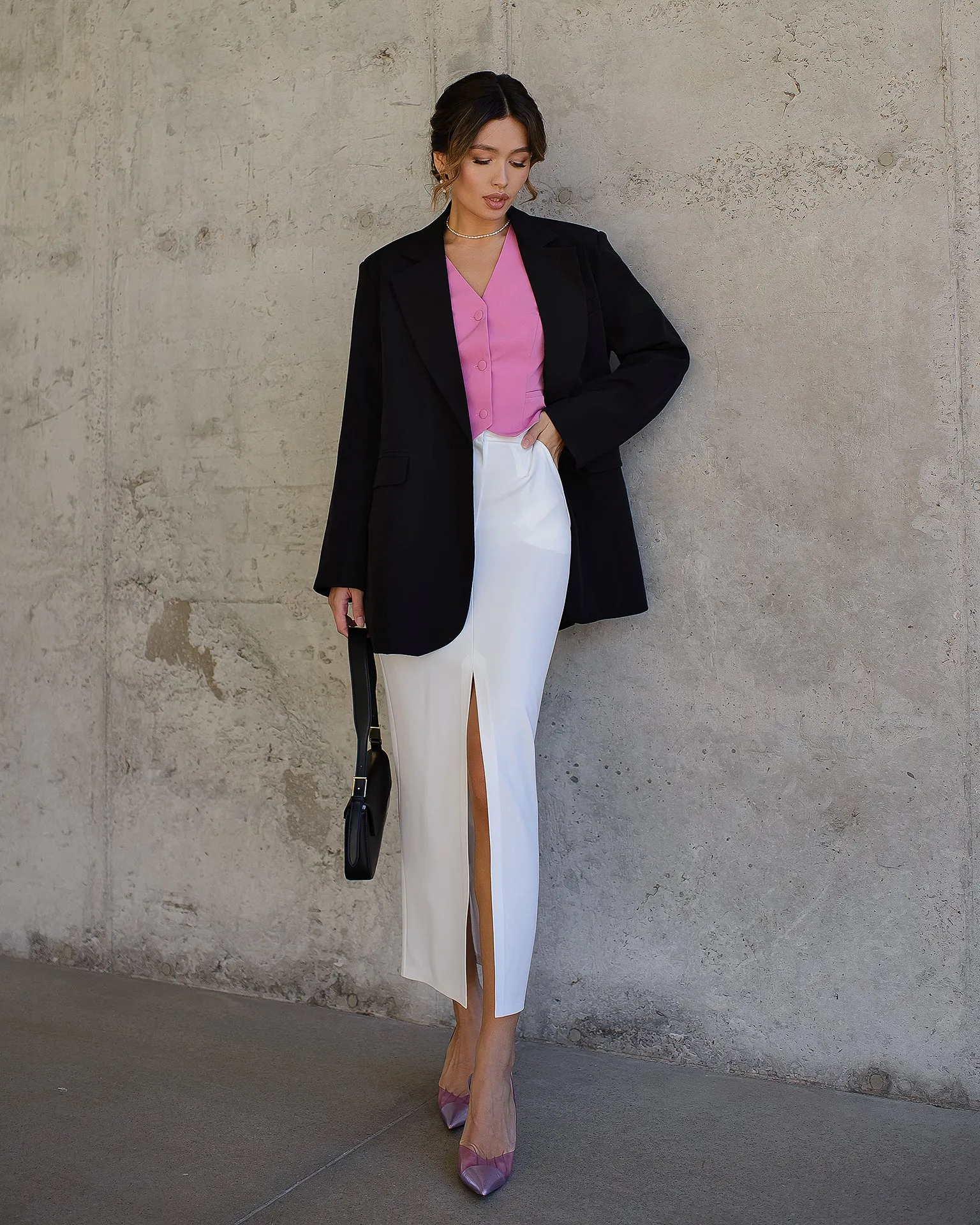 White Front-Slit Midi Skirt