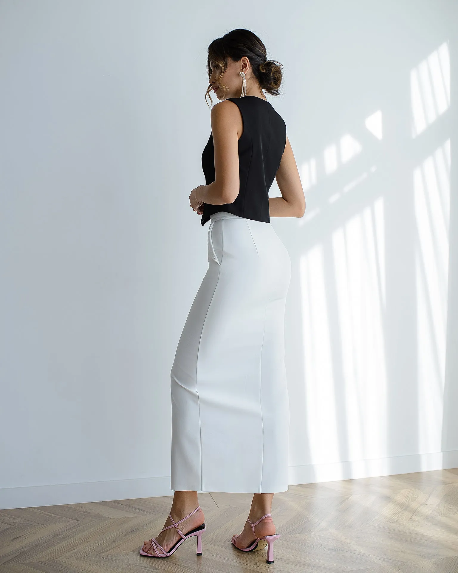 White Front-Slit Midi Skirt