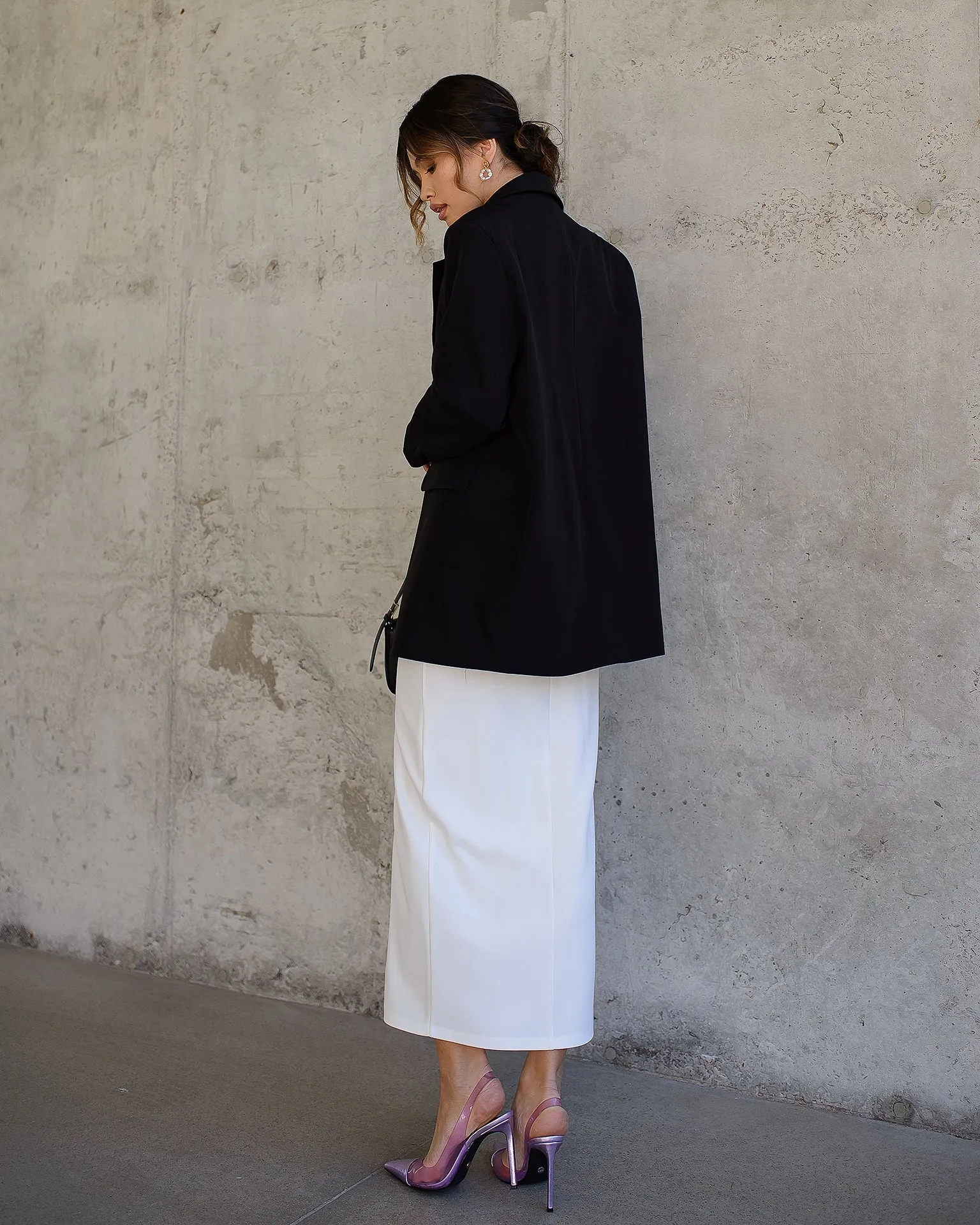 White Front-Slit Midi Skirt