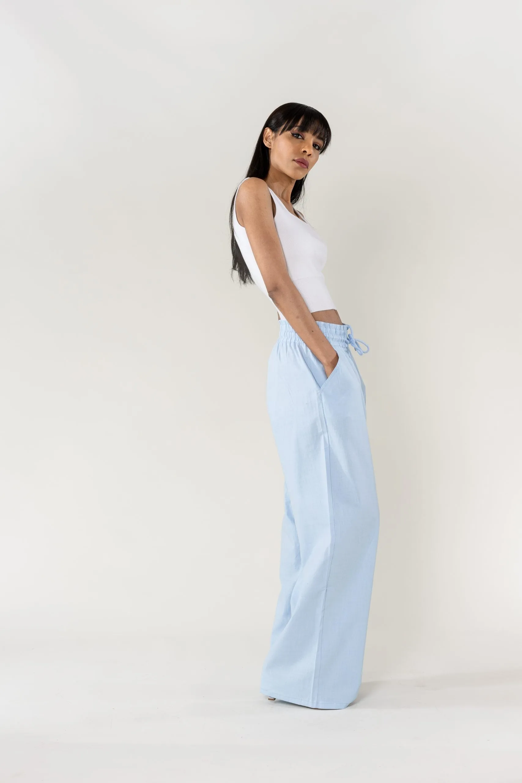 Wholesale Wide Linen Style Pants Sky Blue