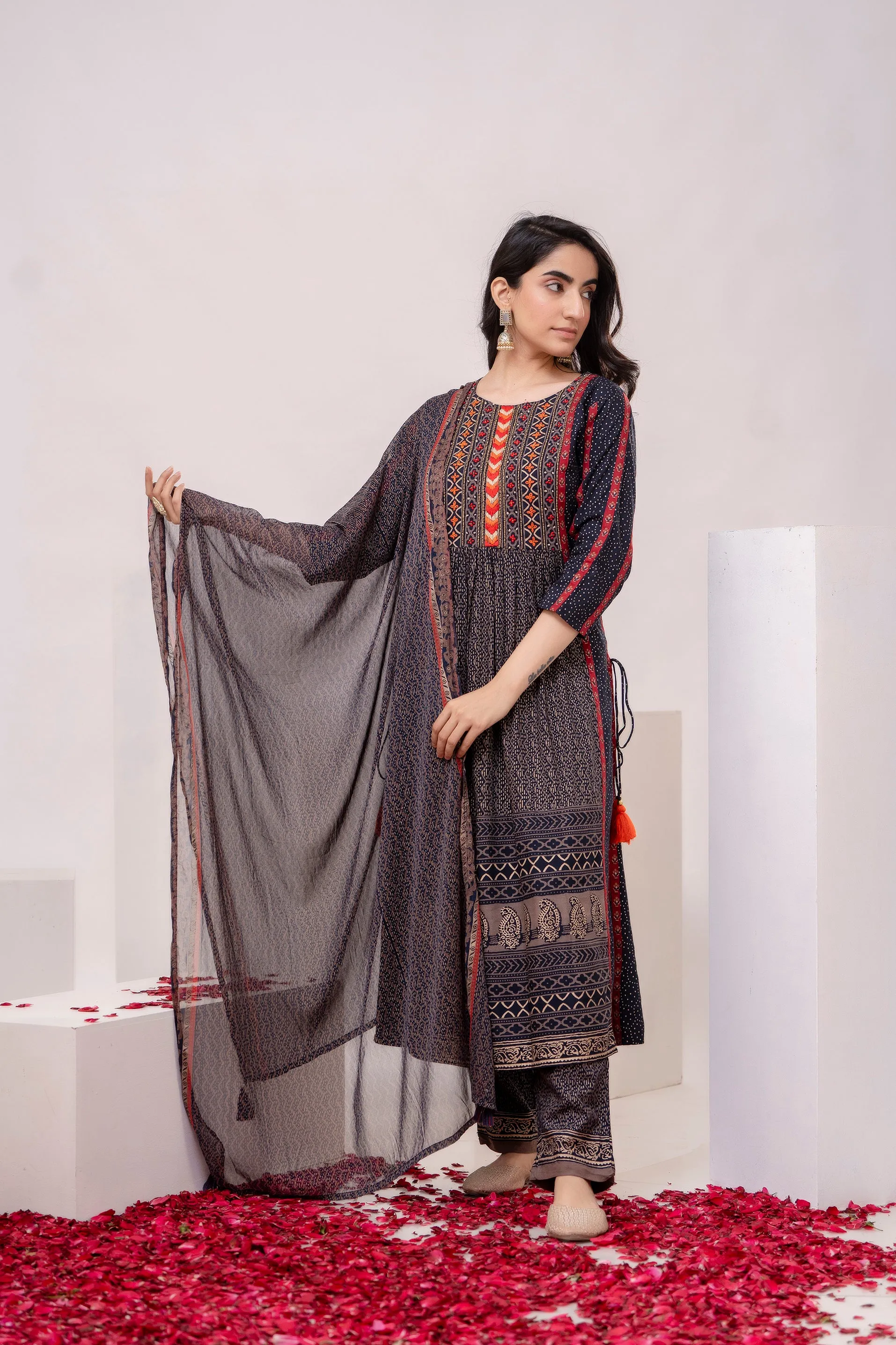 Women's Black Rayon Kurta Pant and Dupatta Set