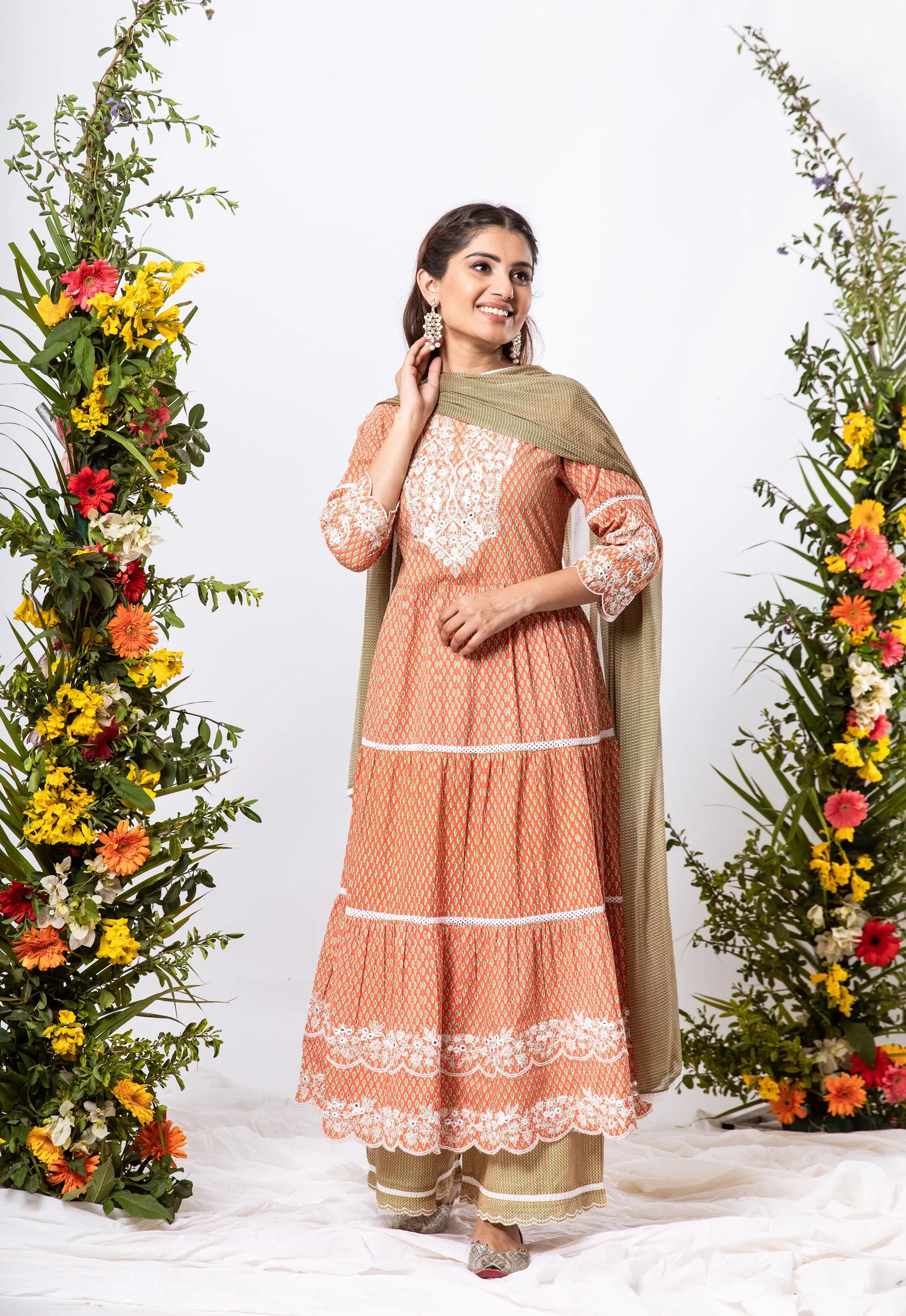 Womens Cotton Rust Tiered Kurta Palazzo and Dupatta Set