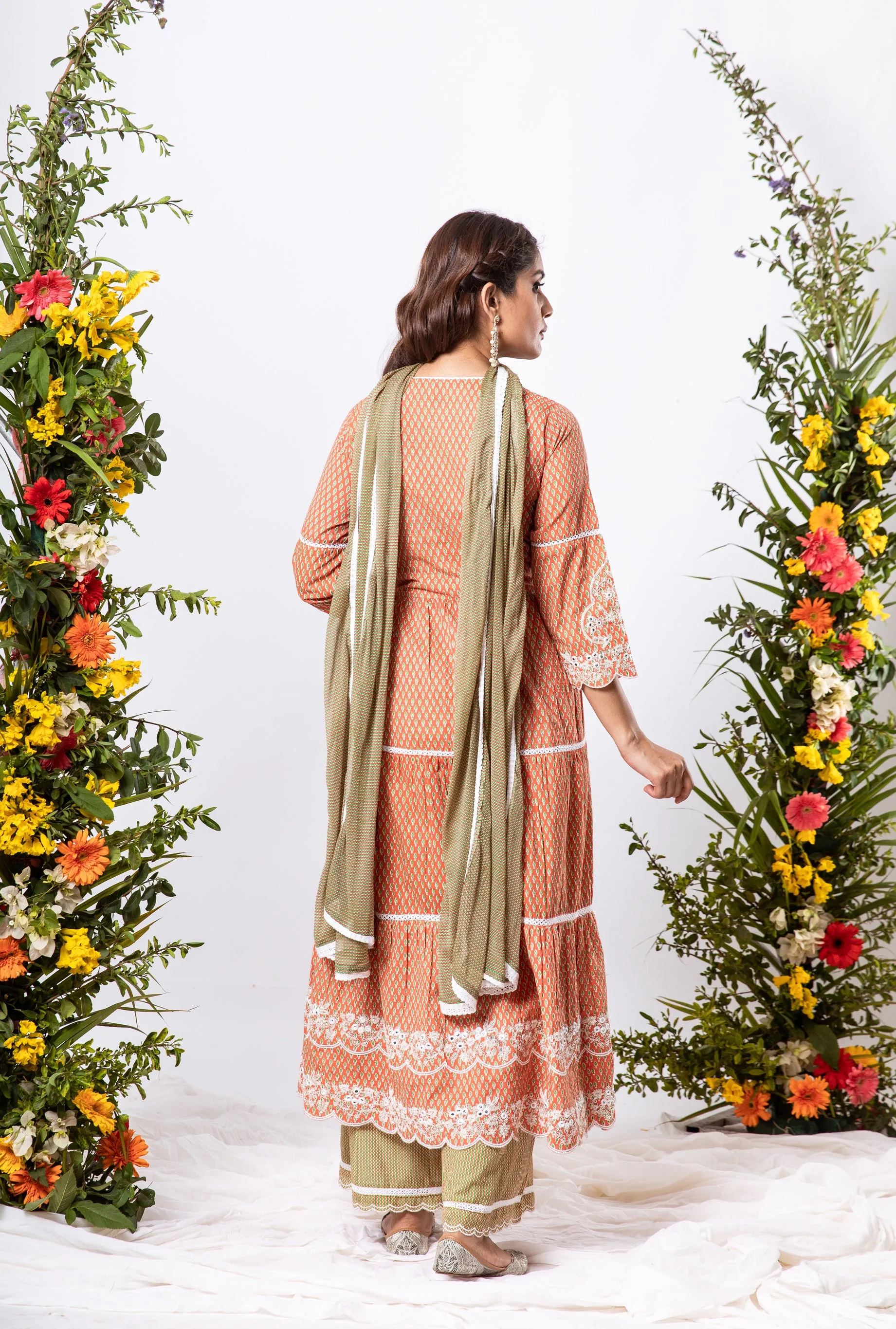 Womens Cotton Rust Tiered Kurta Palazzo and Dupatta Set