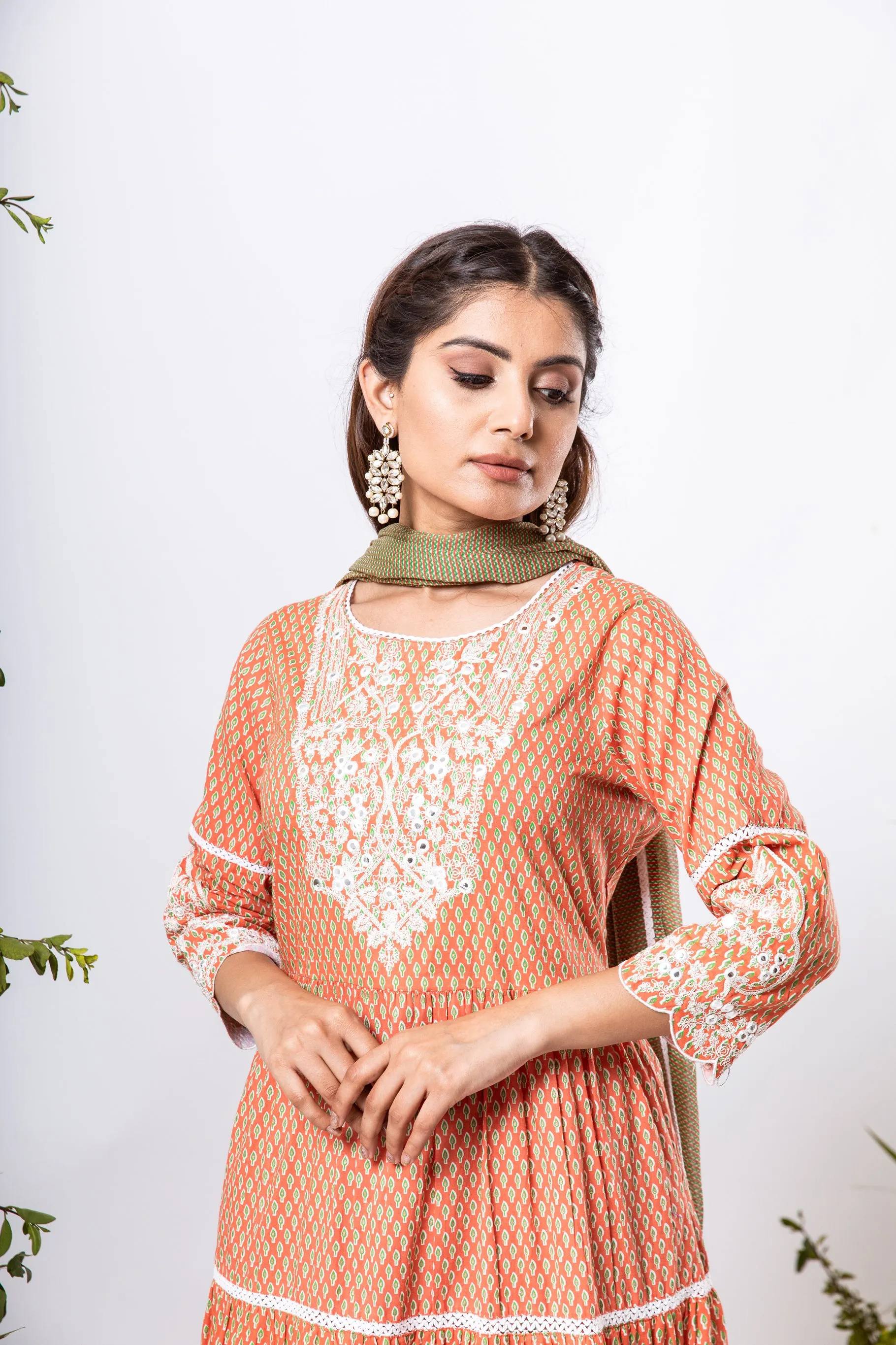 Womens Cotton Rust Tiered Kurta Palazzo and Dupatta Set