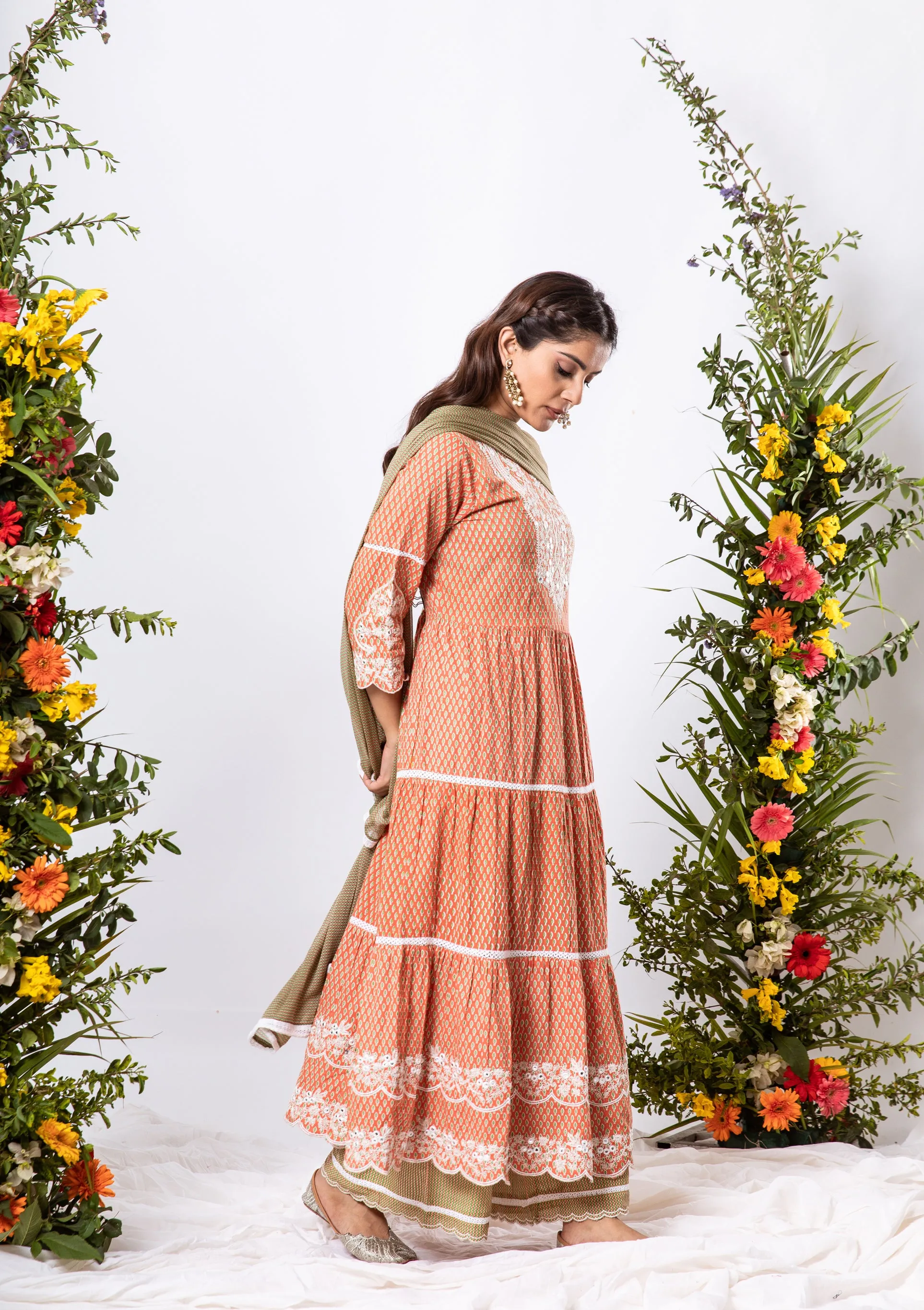 Womens Cotton Rust Tiered Kurta Palazzo and Dupatta Set