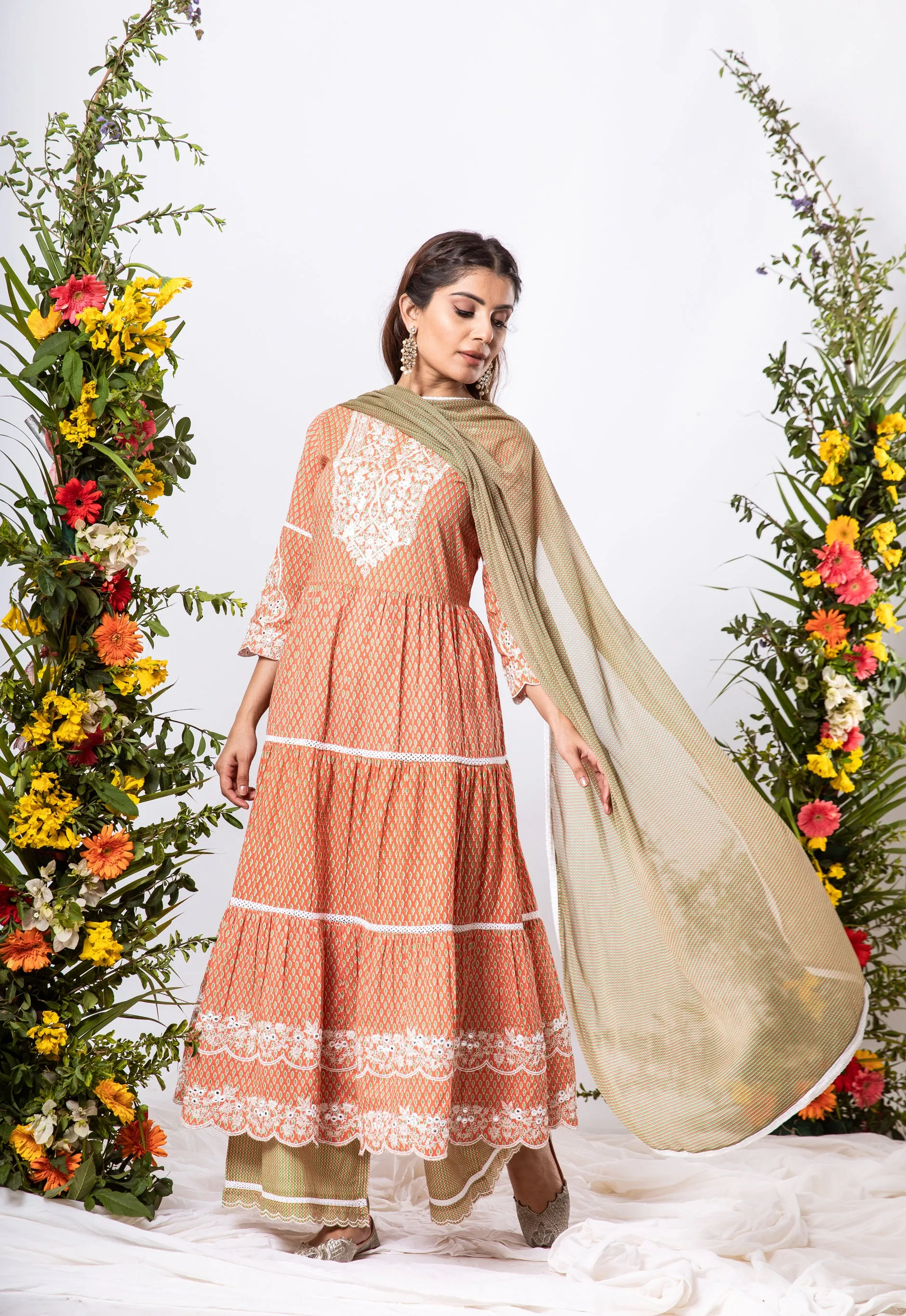 Womens Cotton Rust Tiered Kurta Palazzo and Dupatta Set