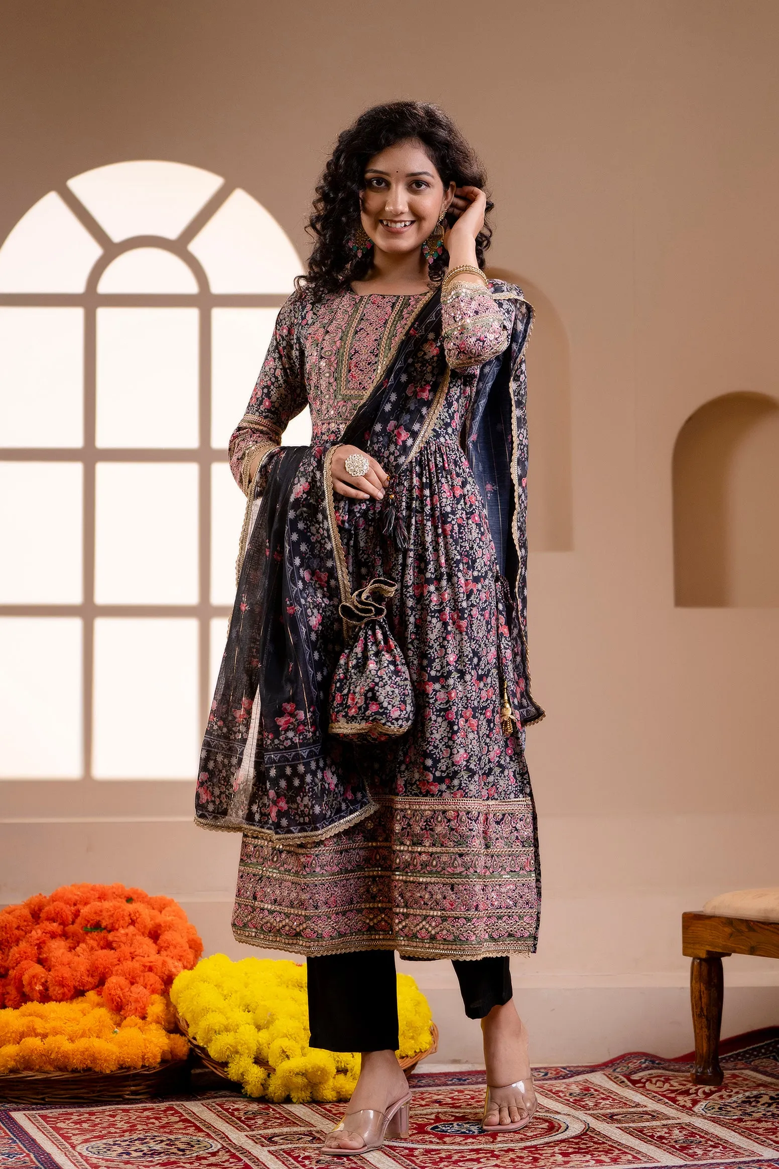 Women's Muslin Black Nyara Cut A-Line Ethnic Set