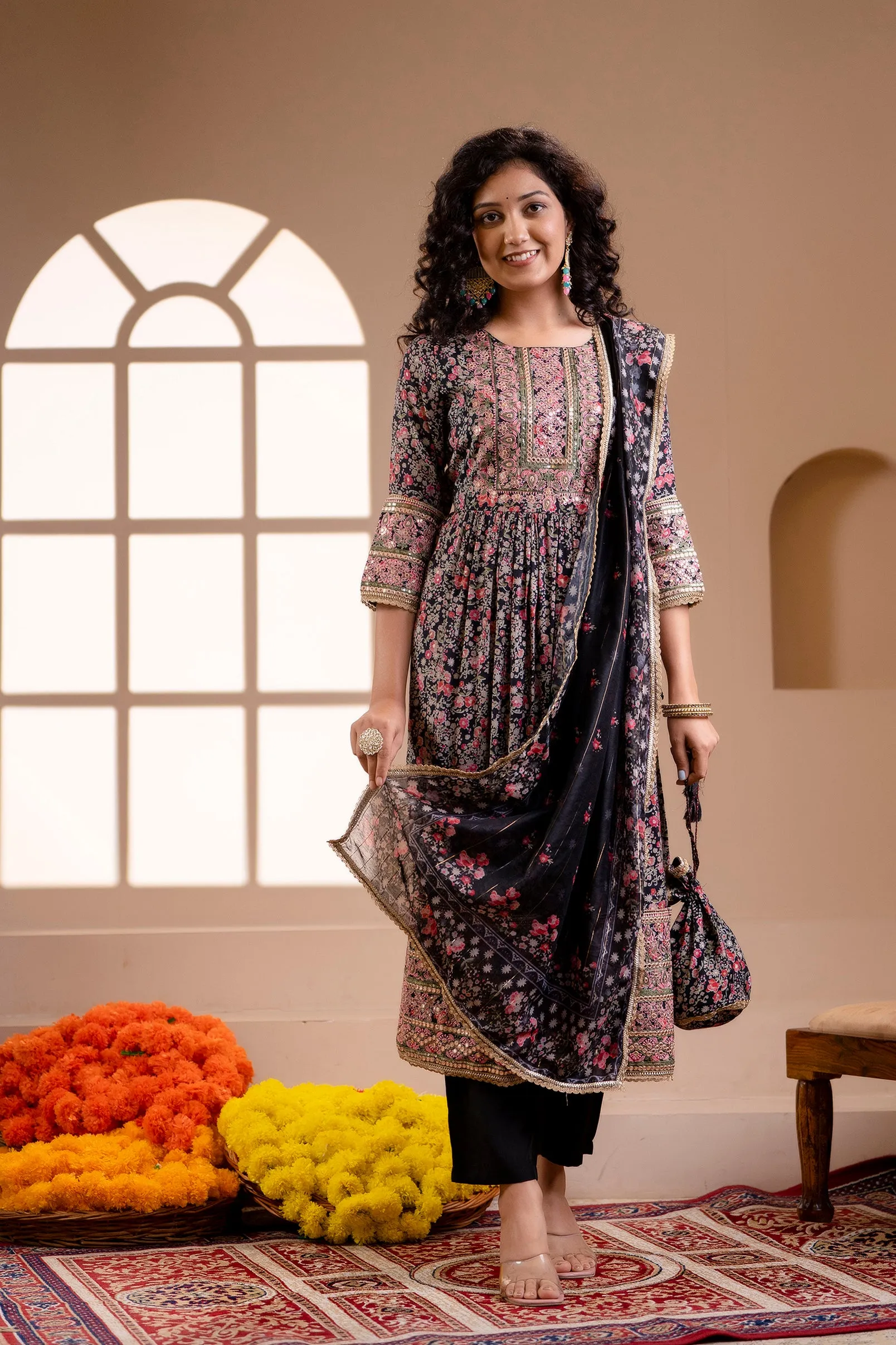 Women's Muslin Black Nyara Cut A-Line Ethnic Set