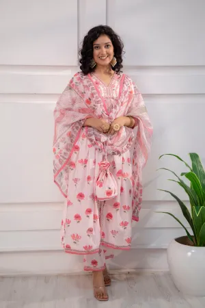 Women's Muslin Pink Alia Cut A-line Ethnic Set