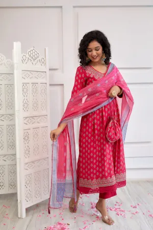 Women's Muslin Pink Alia Cut A-line Kurta, Pant & Dupatta With Fancy Potli Set