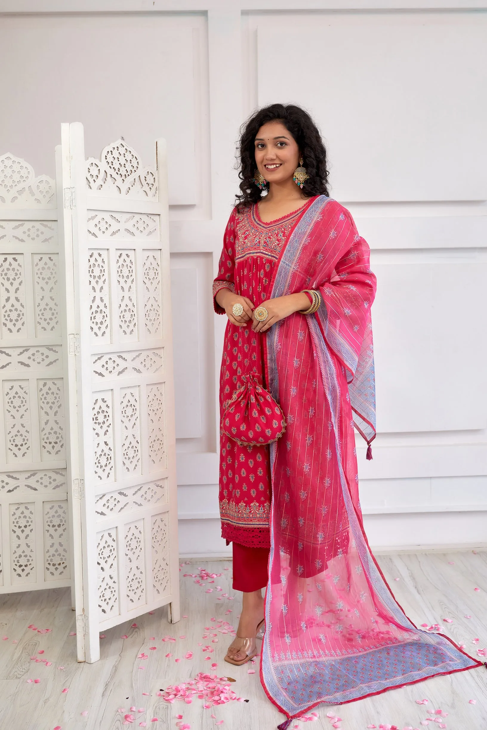 Women's Muslin Pink Alia Cut A-line Kurta, Pant & Dupatta With Fancy Potli Set