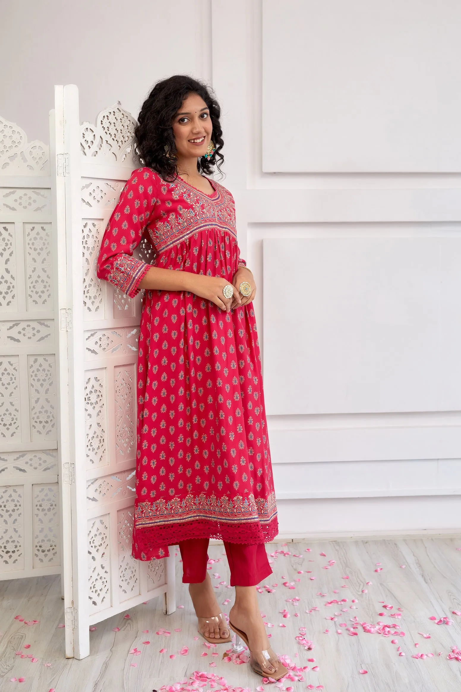 Women's Muslin Pink Alia Cut A-line Kurta, Pant & Dupatta With Fancy Potli Set