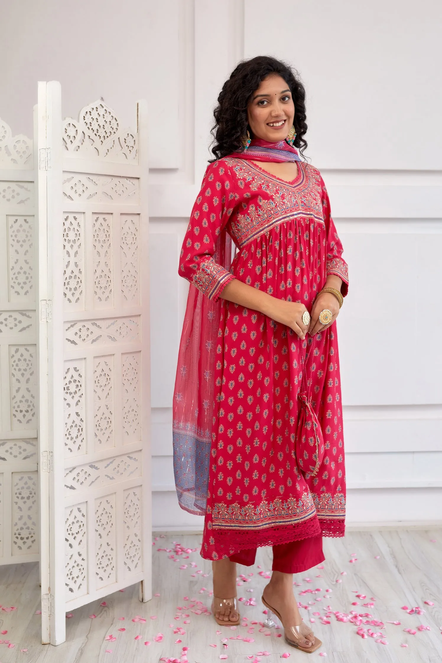 Women's Muslin Pink Alia Cut A-line Kurta, Pant & Dupatta With Fancy Potli Set