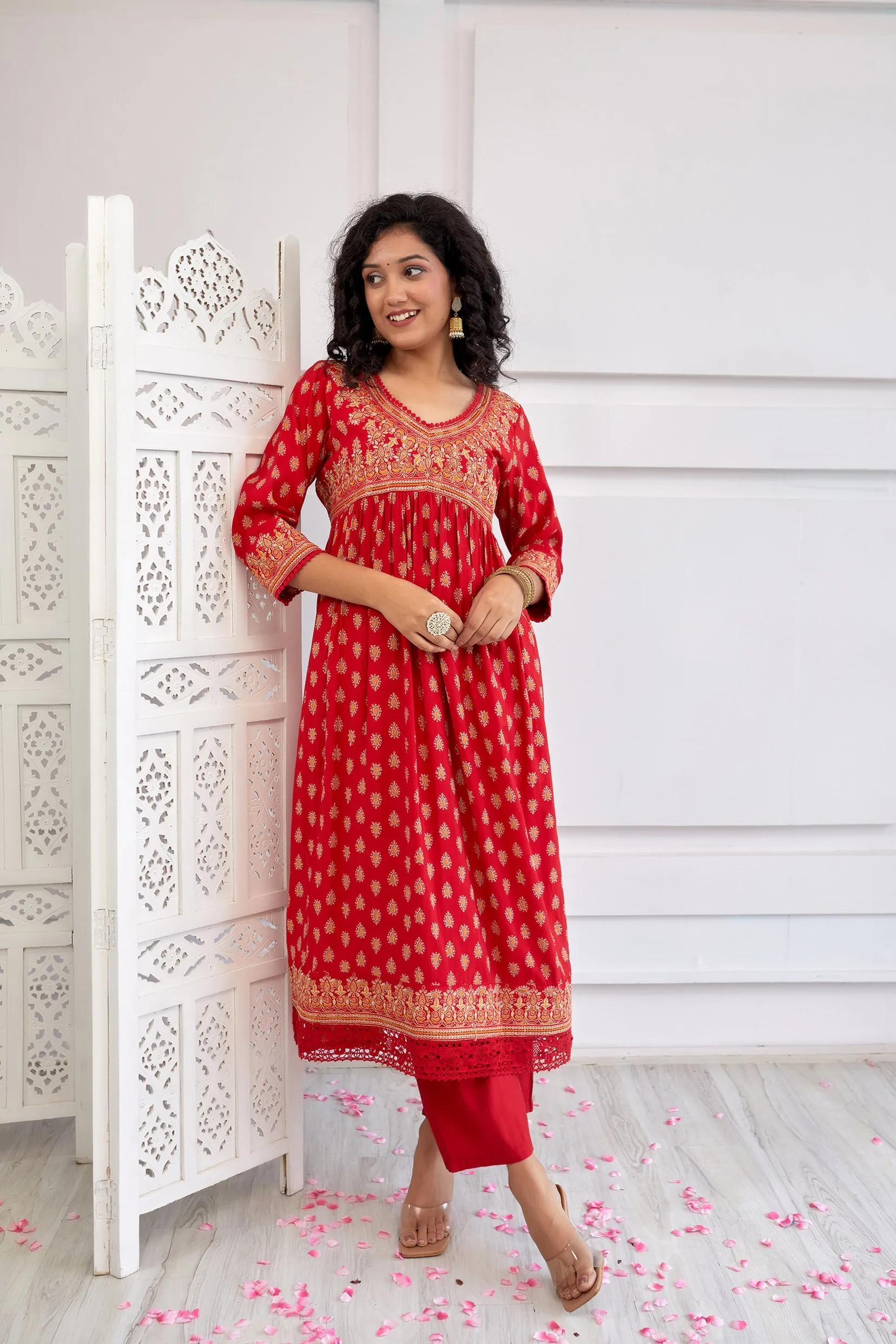 Women's Muslin Red Alia Cut A-line Kurta, Pant & Dupatta With Fancy Potli Set