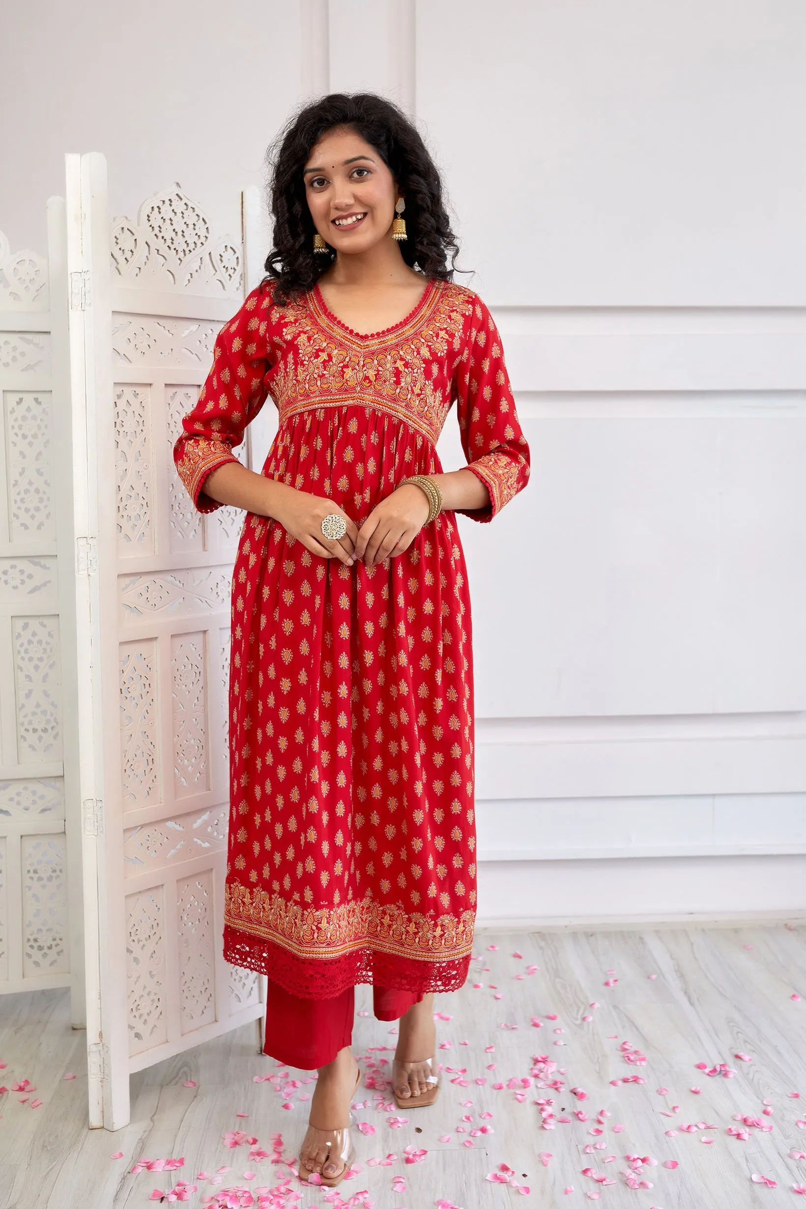 Women's Muslin Red Alia Cut A-line Kurta, Pant & Dupatta With Fancy Potli Set