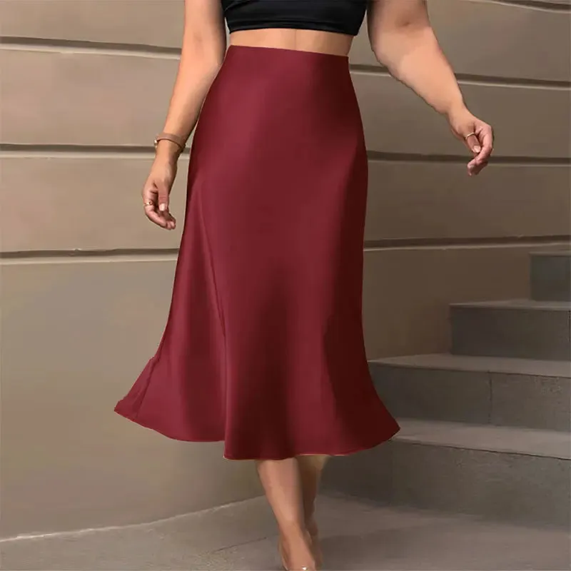 Women's Pencil Ruched Satin Fashion Designer Skirts (Midi)