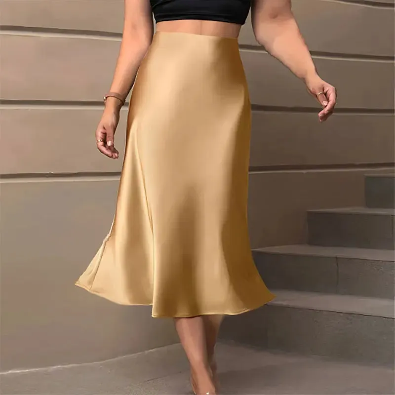 Women's Pencil Ruched Satin Fashion Designer Skirts (Midi)